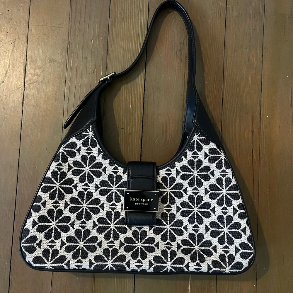 kate spade Black and White Floral Jacquard Shoulder Bag with Leather Trim